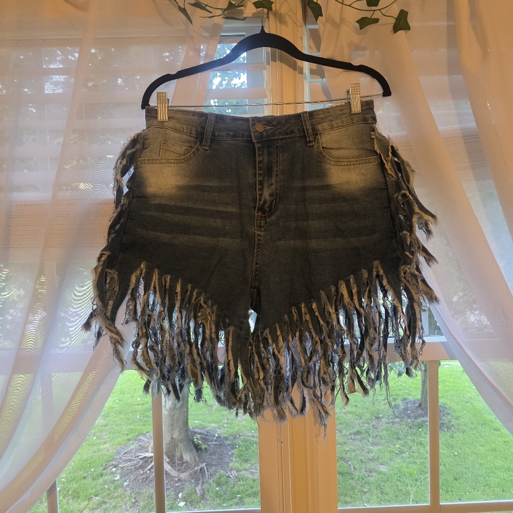 Fashion Nova Blue Fringed Jean Shorts - Picture 7 of 7